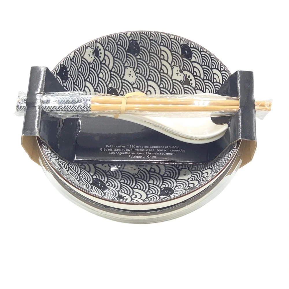 SH Home Black Waves Cats Ceramic Ramen Noodle Bowl Set of 2 w/ Chopsticks Spoons